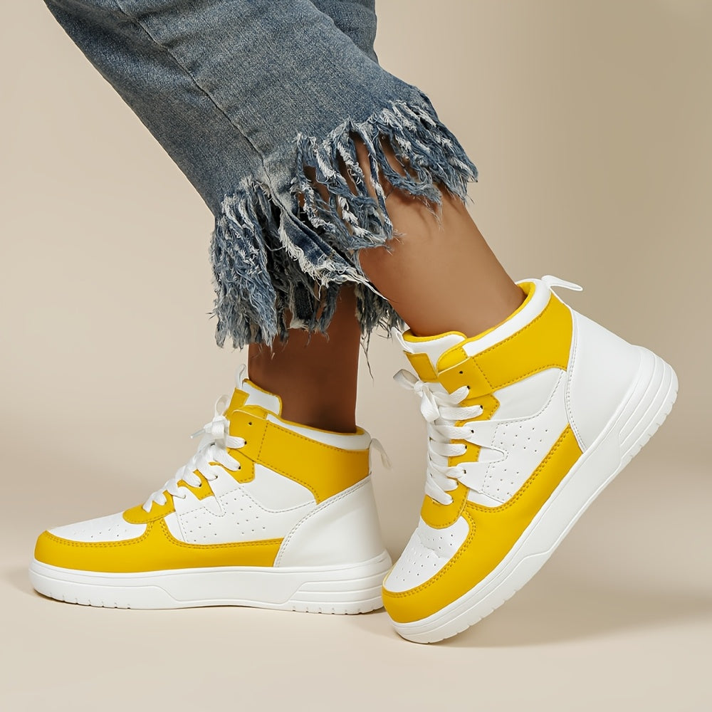 [Autumn Colorblock Sneakers] Autumn Women's Colorblock Casual Sneakers - Lace Up Soft Sole Flat High-top Walking Shoes - Round Toe Versatile Skate Shoes