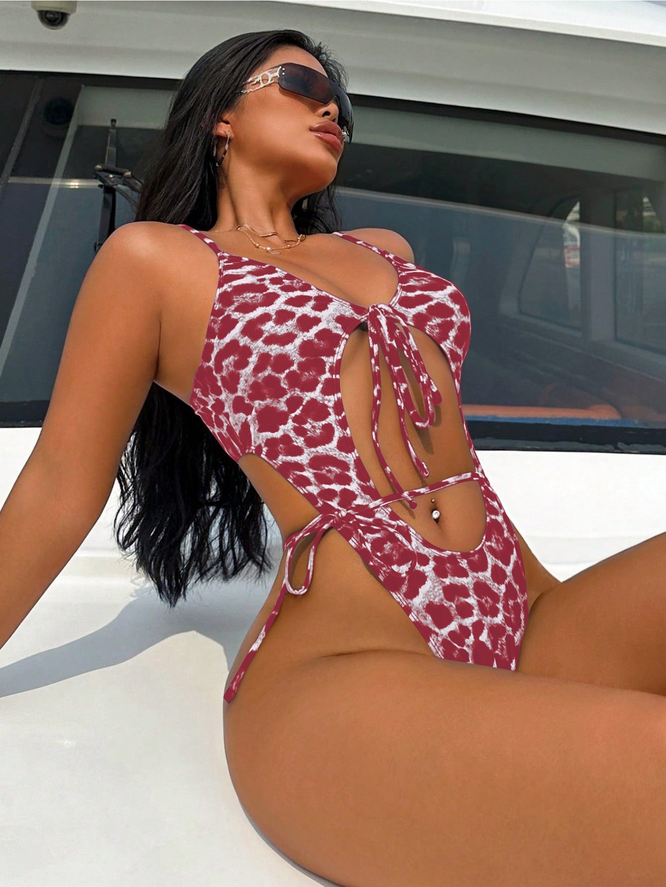 2025 Sexy Leopard Print Lace-Up Front One-Piece Swimsuit for Women - Adjustable Straps, Medium Stretch Vacation-Ready Swimsuit, Hand Wash Only