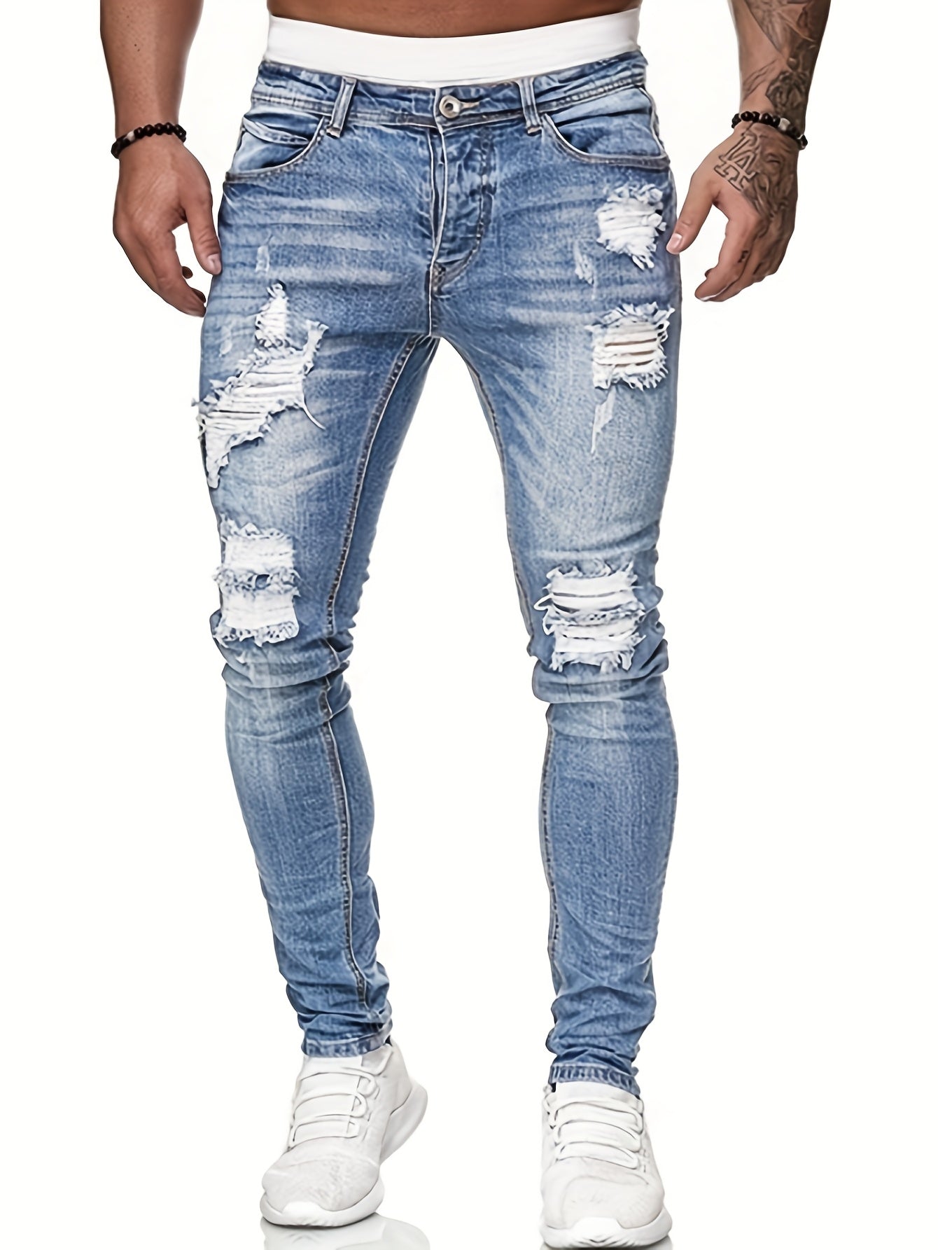 Fashionable, Simple, Versatile Men'S Pants With Holes, Polished White, Slim Fit, Street Fashion, Denim Pants, Fashionable, Worn-out, Small Leg Pants