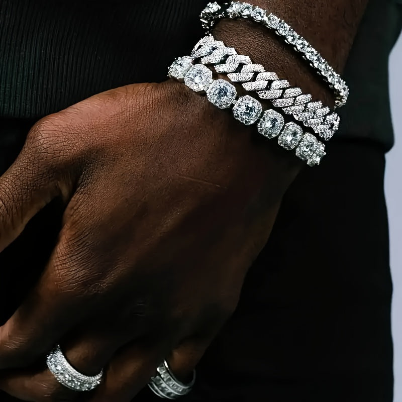 3pcs 7.87inch Cuban Chain Bracelets For Men, Hip Hop Iced Out Rhinestone Bracelet Jewelry