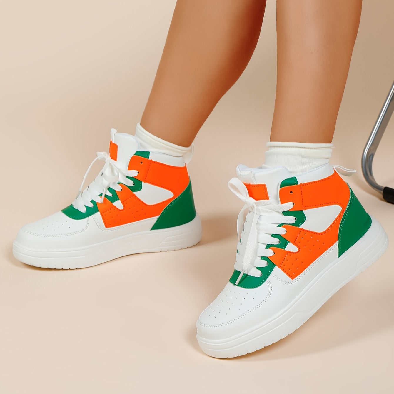 [Autumn Colorblock Sneakers] Autumn Women's Colorblock Casual Sneakers - Lace Up Soft Sole Flat High-top Walking Shoes - Round Toe Versatile Skate Shoes