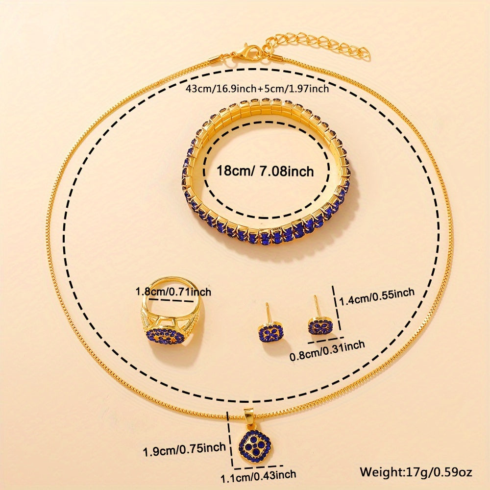 6pcs Ladies' Luxury Blue Quartz Watch and Jewelry Set - Golden-Tone Fashion Accessories with Gemstone Accents, Ideal for Daily Wear & Special Occasions, Perfect Christmas & Halloween Gift
