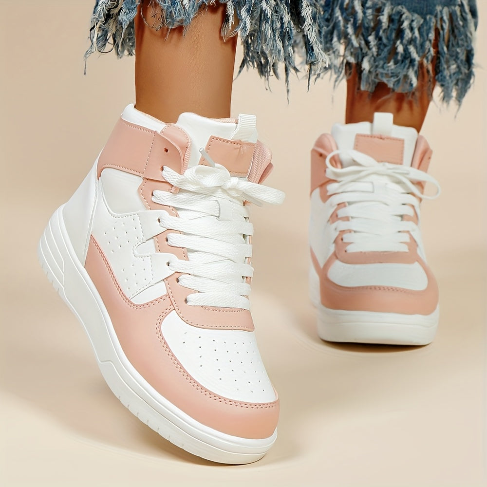 [Autumn Colorblock Sneakers] Autumn Women's Colorblock Casual Sneakers - Lace Up Soft Sole Flat High-top Walking Shoes - Round Toe Versatile Skate Shoes