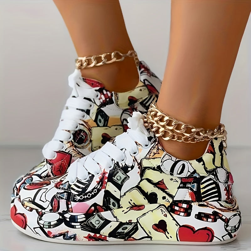 Women's Graffiti Print Platform Sneakers - Low-Top Lace-Up Skate Shoes with PU Cover Upper, Rubber Sole & Fabric Lining, All-Season Casual Streetwear Shoes for Urban Fashion, Ladies Sneakers, Stylish Laceup Footwear, Durable