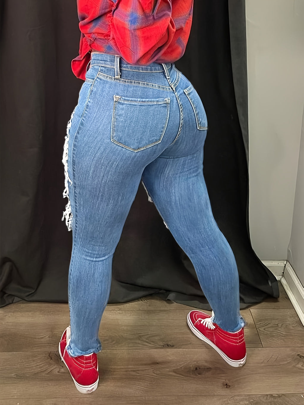 [Distressed High Waisted Jeans] High Waisted Ladies' Classic Distressed Torn Elastic Jeans - Comfortable Frayed Edges, Women's Jeans And Clothing