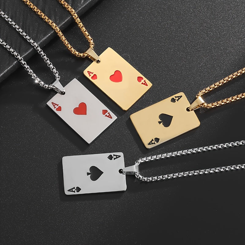 Classic Stainless Steel Pendant Necklace - Unisex Heart A Spade A Design - Fashionable Punk Style Lucky Jewelry Accessory