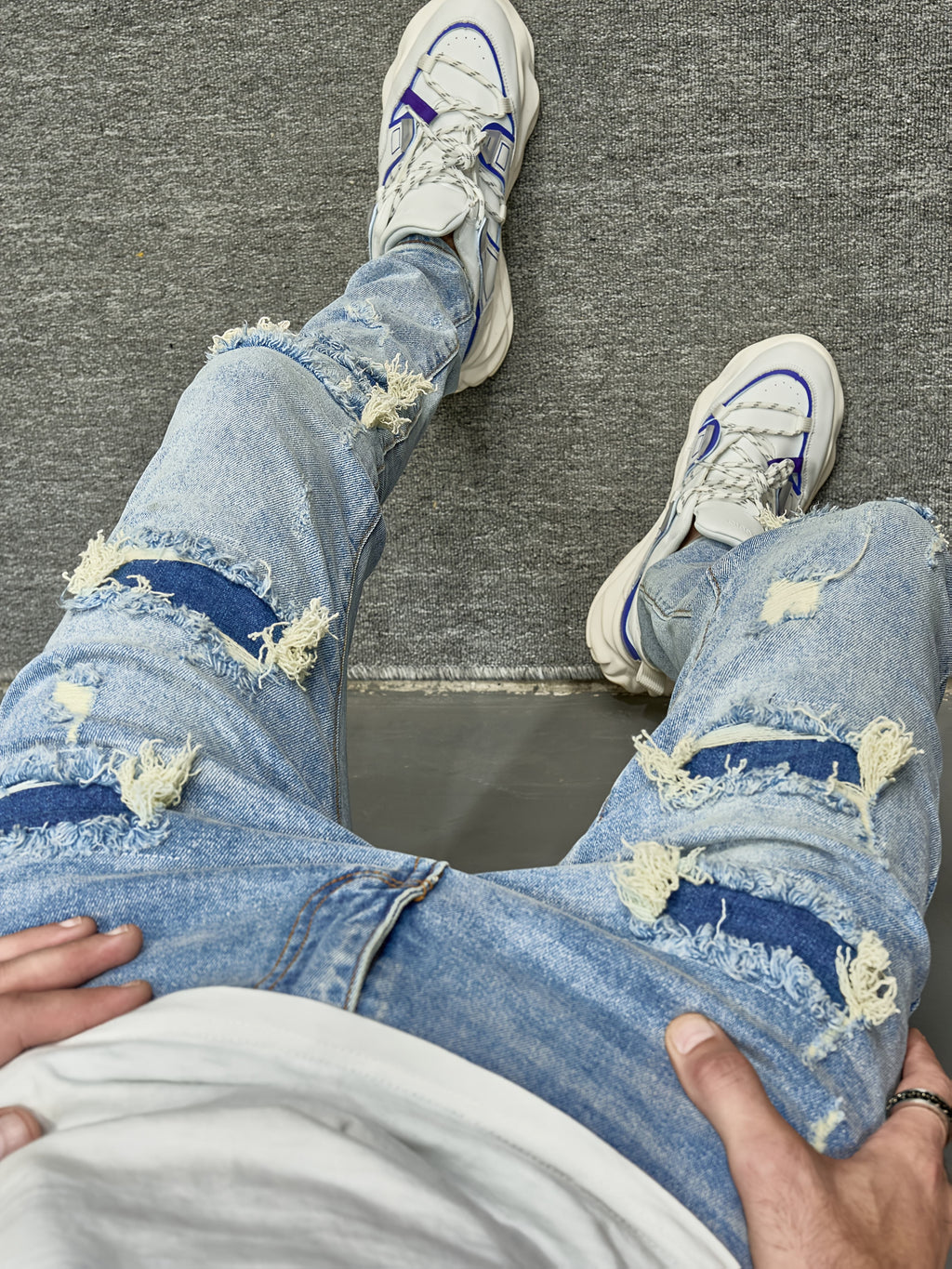 1pc Men'S Skinny Fit Ripped Denim Jeans - Solid Color, Medium Stretch, All-Season, Woven Casual Pants with Raw Wash Detail