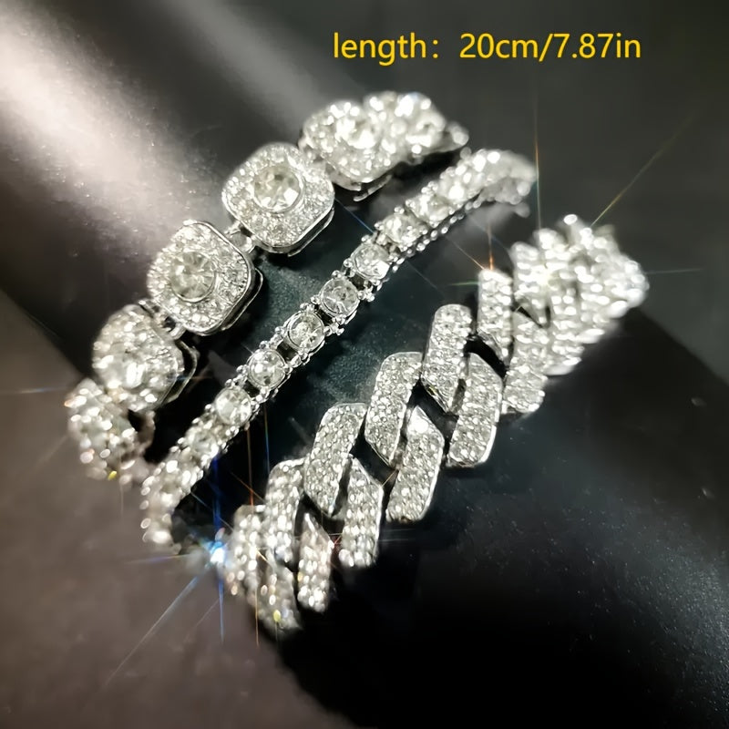 3pcs 7.87inch Cuban Chain Bracelets For Men, Hip Hop Iced Out Rhinestone Bracelet Jewelry