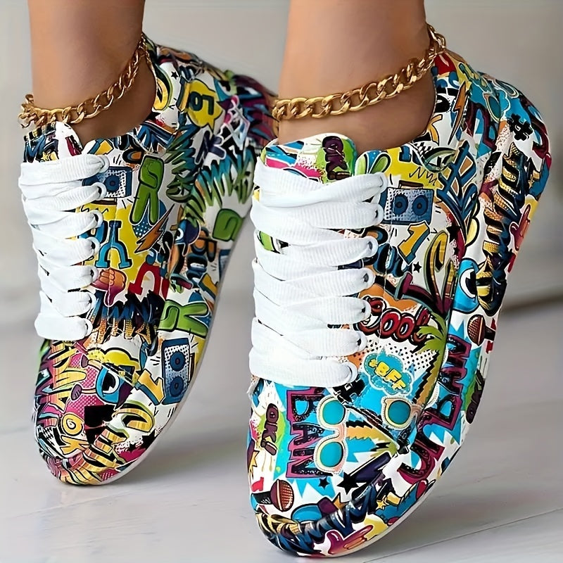 Women's Graffiti Print Platform Sneakers - Low-Top Lace-Up Skate Shoes with PU Cover Upper, Rubber Sole & Fabric Lining, All-Season Casual Streetwear Shoes for Urban Fashion, Ladies Sneakers, Stylish Laceup Footwear, Durable
