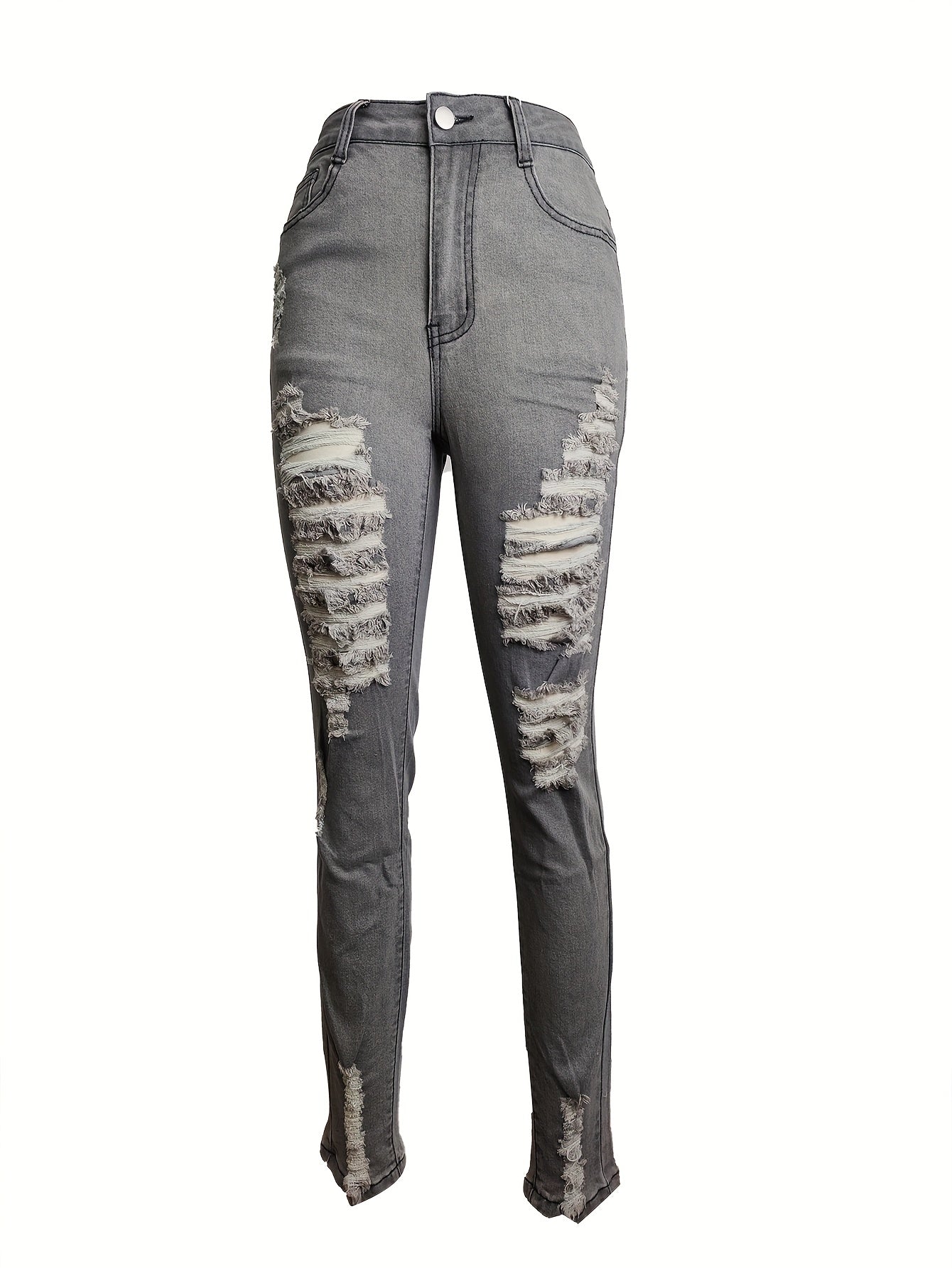 [Distressed High Waisted Jeans] High Waisted Ladies' Classic Distressed Torn Elastic Jeans - Comfortable Frayed Edges, Women's Jeans And Clothing