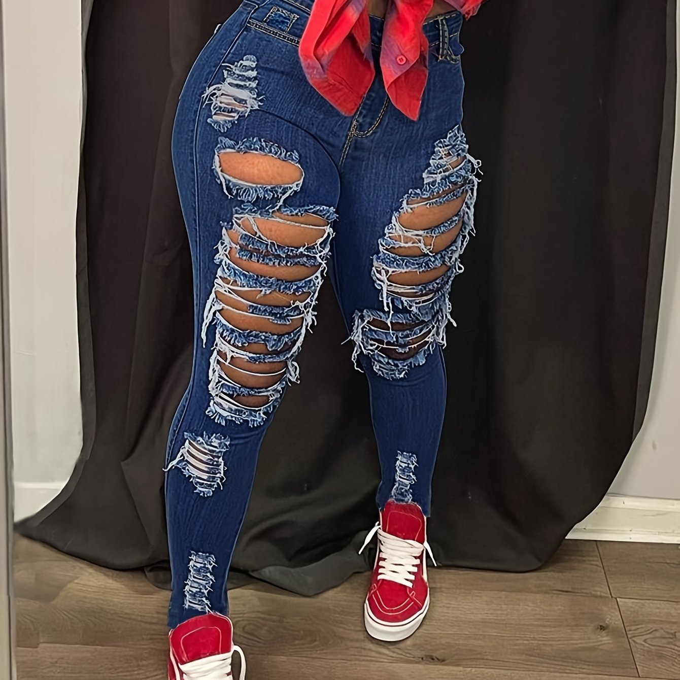 [Distressed High Waisted Jeans] High Waisted Ladies' Classic Distressed Torn Elastic Jeans - Comfortable Frayed Edges, Women's Jeans And Clothing