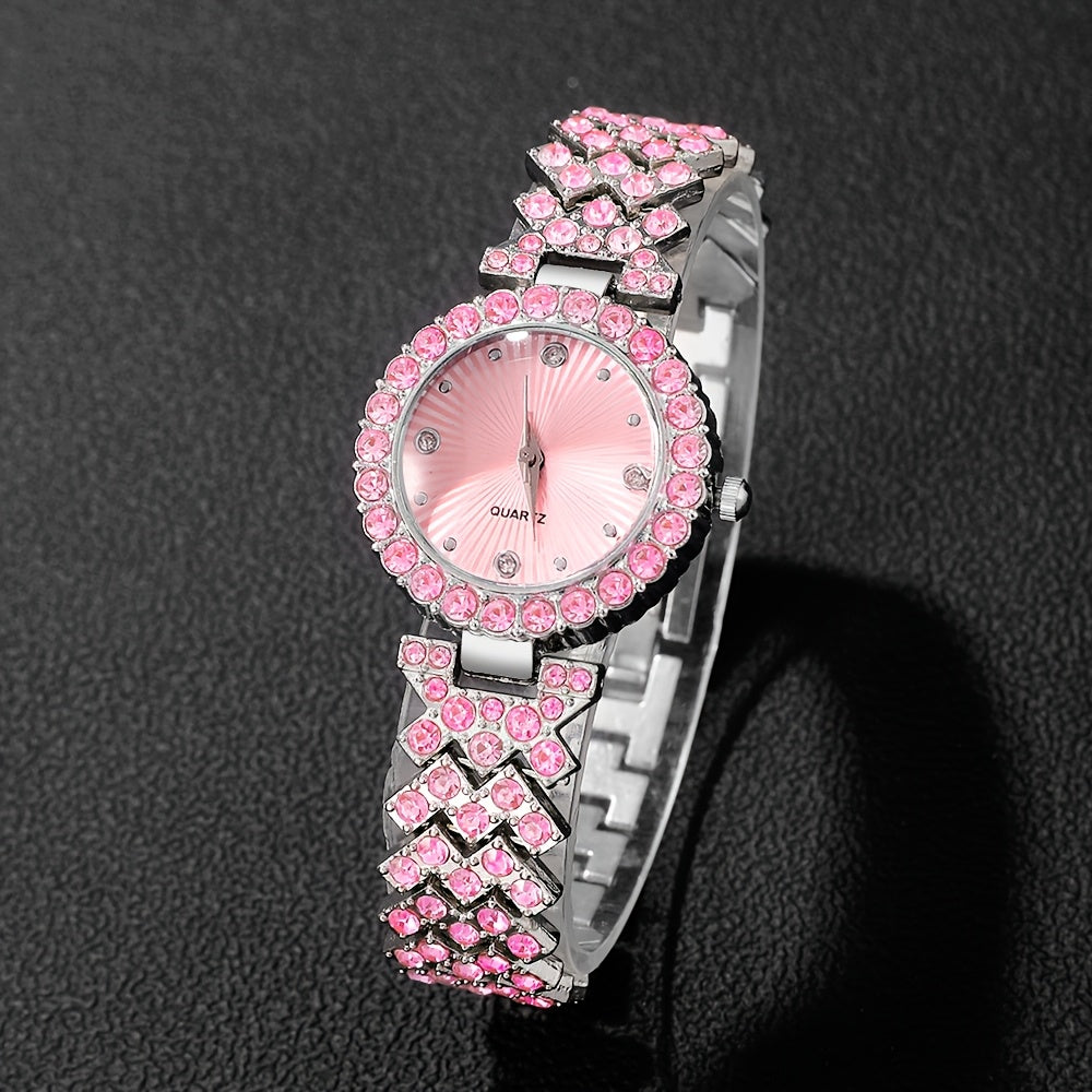 A Set Of 4 Elegant Casual Pointer-style Ladies' Quartz Watches, Exquisite And Shiny Ladies' Watch Set, 1 Watch + 3 Jewelry Set, A Selected Watch Set For Fashionable Ladies