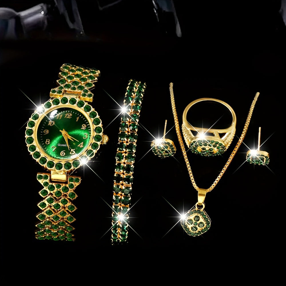 6pcs Ladies' Luxury Blue Quartz Watch and Jewelry Set - Golden-Tone Fashion Accessories with Gemstone Accents, Ideal for Daily Wear & Special Occasions, Perfect Christmas & Halloween Gift