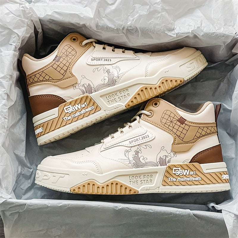 Women's High-Top Casual Sneakers - Trendy Wave Pattern & Color Block Design, PU Cover Upper & Anti-Slip Rubber Sole, Lace-Up Skateboard Shoes for Outdoor Activities, All-Season Comfort Footwear, High Top Sneakers